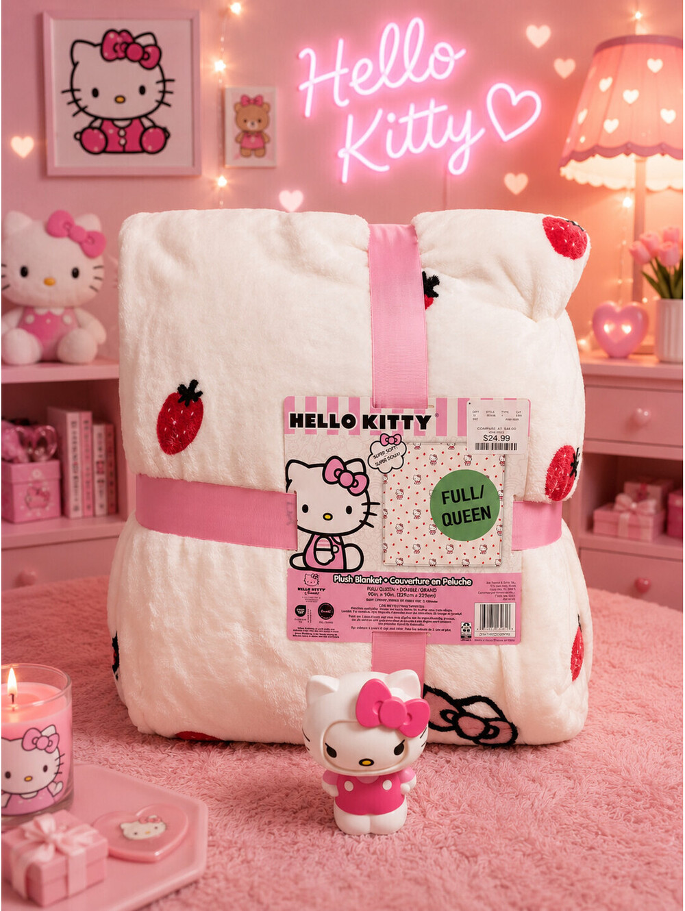 HELLO KITTY FULL QUEEN HOLDING STRAWBERRY WHITE N PINK PLUSH BLANKET W DISPENSER